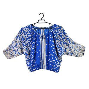 Womens Express Blue & Beige Heart Print Cropped Blouse Kimono Sleeve Polyester M